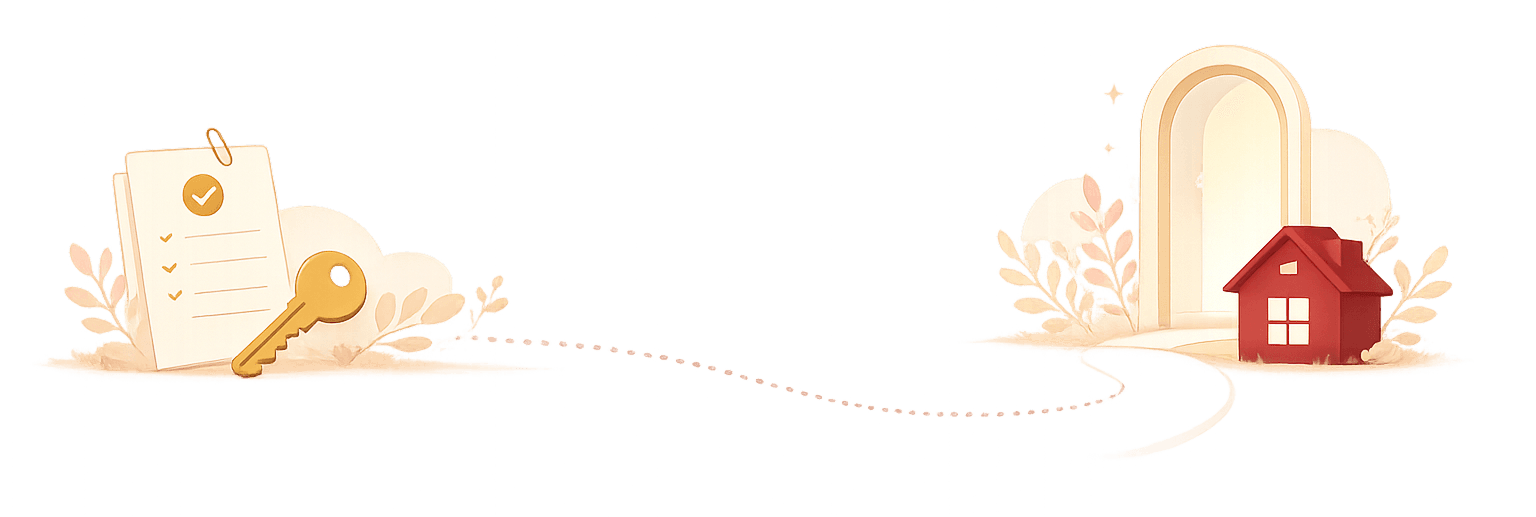 A rental checklist and key connected to an open doorway and home